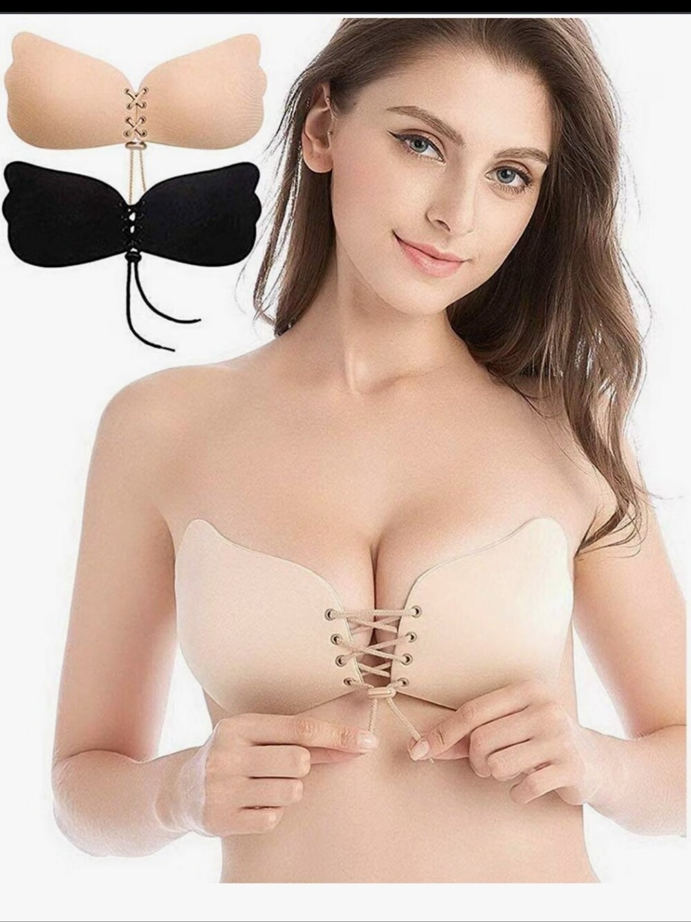 3 Strapless Lace-Up Adhesive Bra - Black and Nude Set Of 3